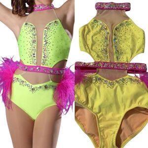 Glamour solo dance costume hot pink neon yellow Feather rhinestone bedazzled LC